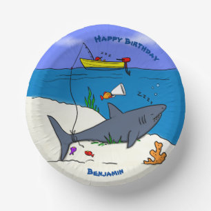 Funny sleeping shark and fishing cartoon paper plate