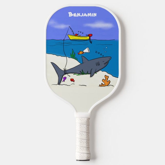Funny sleeping shark and fishing cartoon pickleball paddle (Front)