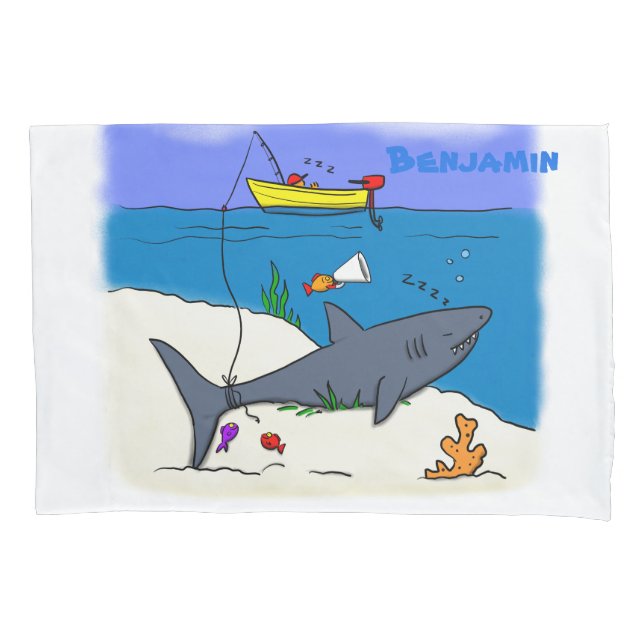 Funny sleeping shark and fishing cartoon pillowcase (Front)