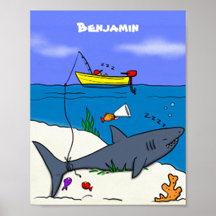 Funny sleeping shark and fishing cartoon poster