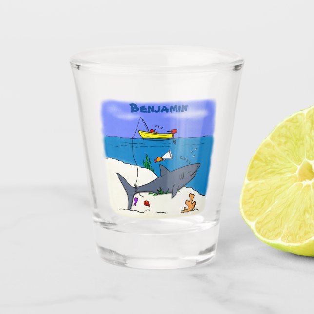 Funny sleeping shark and fishing cartoon  shot glass (Front)