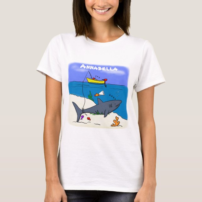 Funny sleeping shark and fishing cartoon T-Shirt (Front)