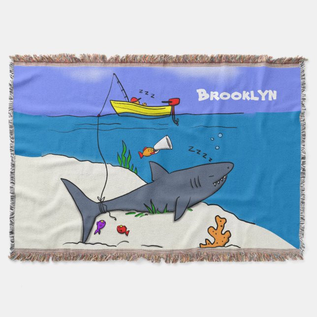 Funny sleeping shark and fishing cartoon throw blanket (Front)