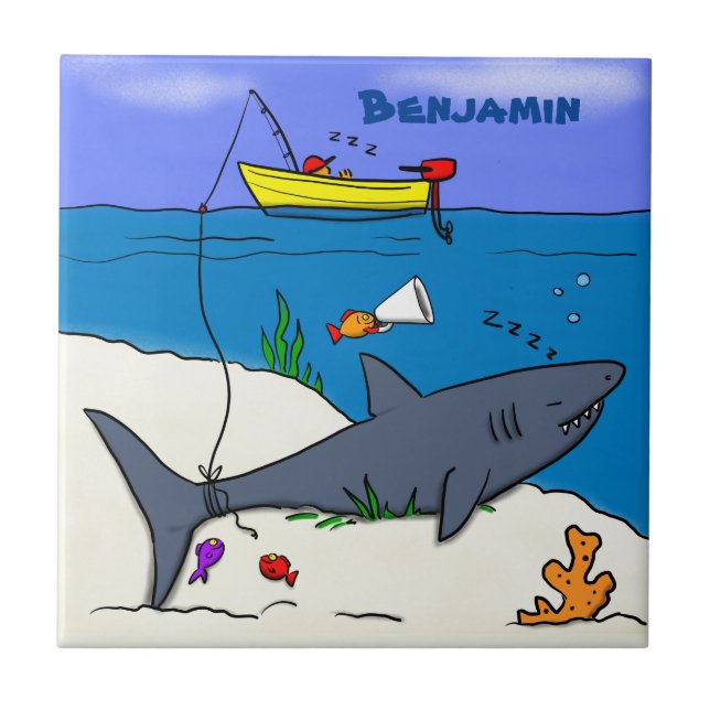 Funny sleeping shark and fishing cartoon tile (Front)