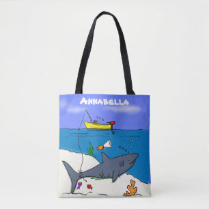 Funny sleeping shark and fishing cartoon tote bag