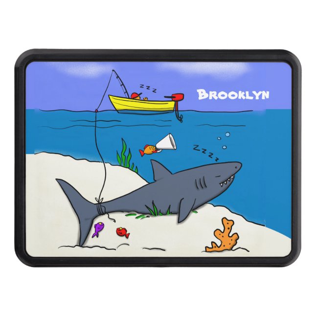 Funny sleeping shark and fishing cartoon trailer hitch cover (Front)