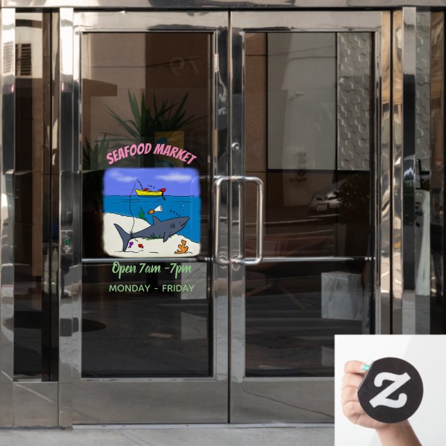 Funny sleeping shark and fishing cartoon window cling (Office Door)