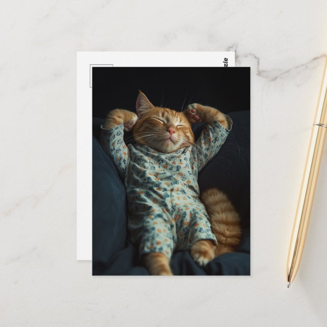 Funny Sleepy Ginger Kitty in PJs Postcard (Front/Back In Situ)
