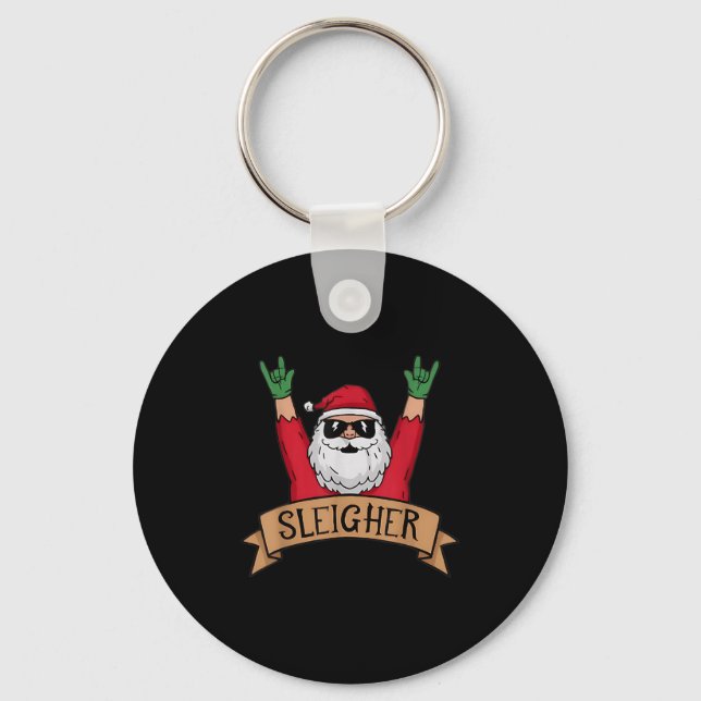 Funny Sleigher Rock N Roll Santa Claus Christmas  Keychain (Front)