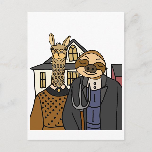Funny Sloth and Llama American Gothic Artwork Postcard (Front)