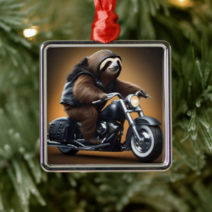 Funny Sloth Bikie On A Motorbike, Metal Ornament