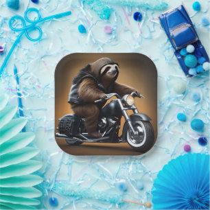 Funny Sloth Bikie On A Motorbike, Paper Plate
