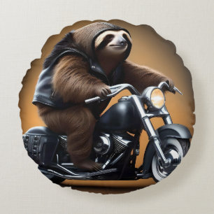 Funny Sloth Bikie On A Motorbike, Round Pillow