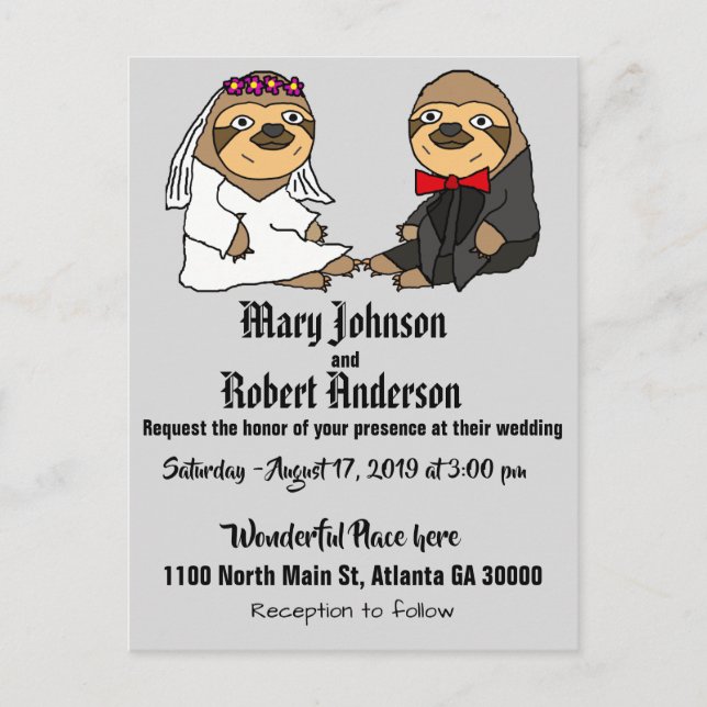 Funny Sloth Bride and Groom Wedding Invitation Postcard (Front)
