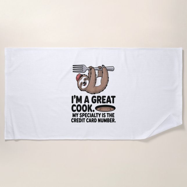Funny Sloth Cook Hanging on a Fork Beach Towel (Front)