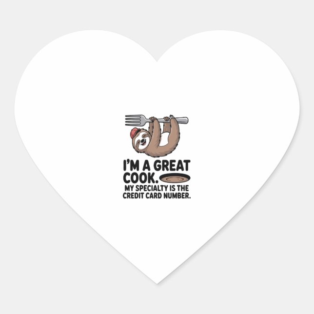 Funny Sloth Cook Hanging on a Fork Heart Sticker (Front)