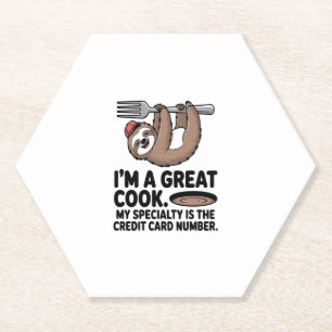 Funny Sloth Cook Hanging on a Fork Paper Coaster