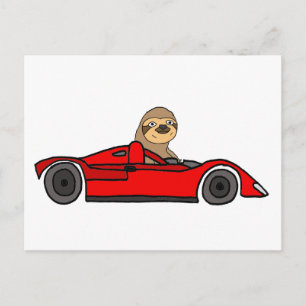 Funny Sloth Driving Race Car Cartoon Postcard