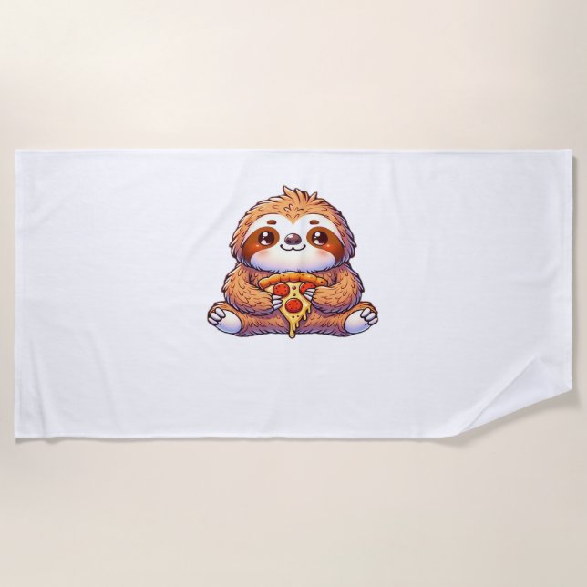Funny Sloth eating Pizza, Kawaii Animal Lover Clas Beach Towel (Front)