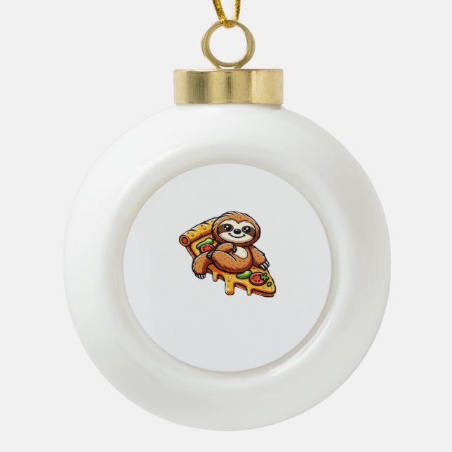 Funny Sloth eating Pizza, Kawaii Animal Lover Clas Ceramic Ball Christmas Ornament (Front)