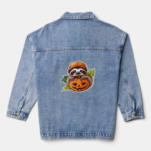 Funny Sloth eating Pizza, Kawaii Animal Lover Clas Denim Jacket (Back)