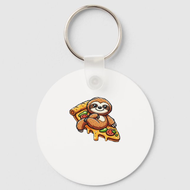 Funny Sloth eating Pizza, Kawaii Animal Lover Clas Keychain (Front)