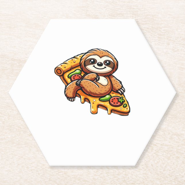 Funny Sloth eating Pizza, Kawaii Animal Lover Clas Paper Coaster (Front)