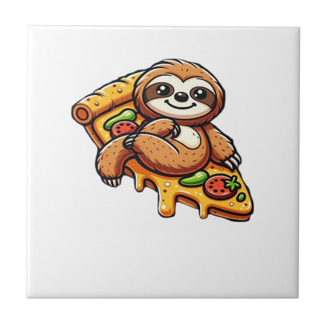Funny Sloth eating Pizza, Kawaii Animal Lover Clas Tile (Front)