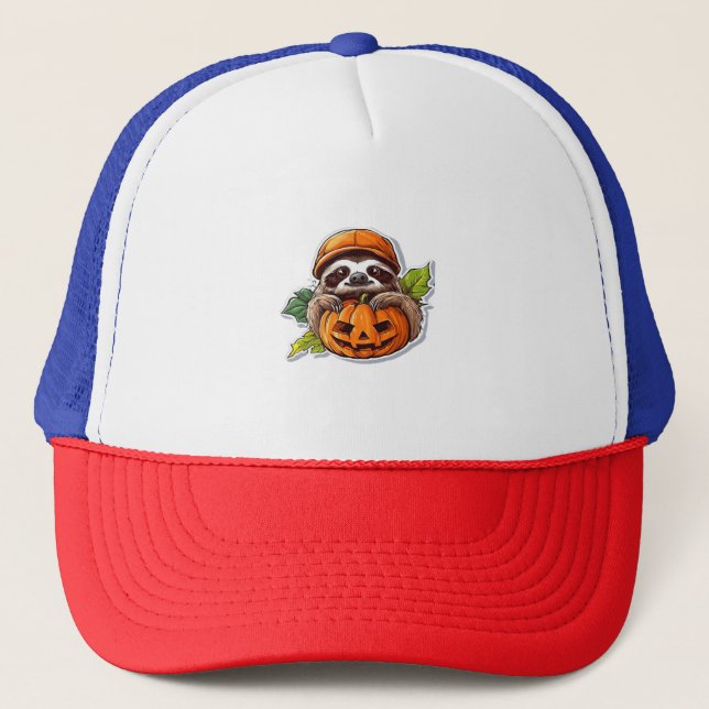 Funny Sloth eating Pizza, Kawaii Animal Lover Clas Trucker Hat (Front)