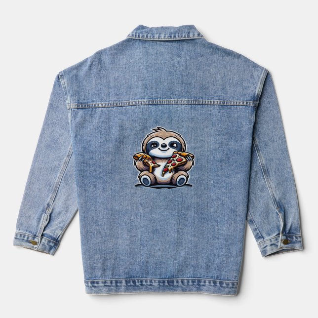 Funny Sloth eating Pizza, Kawaii Animal Lover Over Denim Jacket (Back)