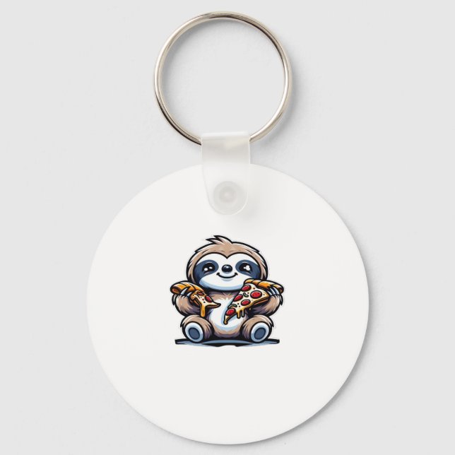 Funny Sloth eating Pizza, Kawaii Animal Lover Over Keychain (Front)