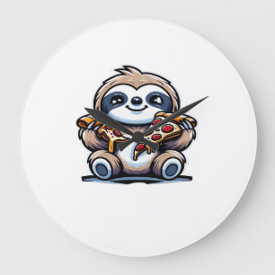 Funny Sloth eating Pizza, Kawaii Animal Lover Over Large Clock