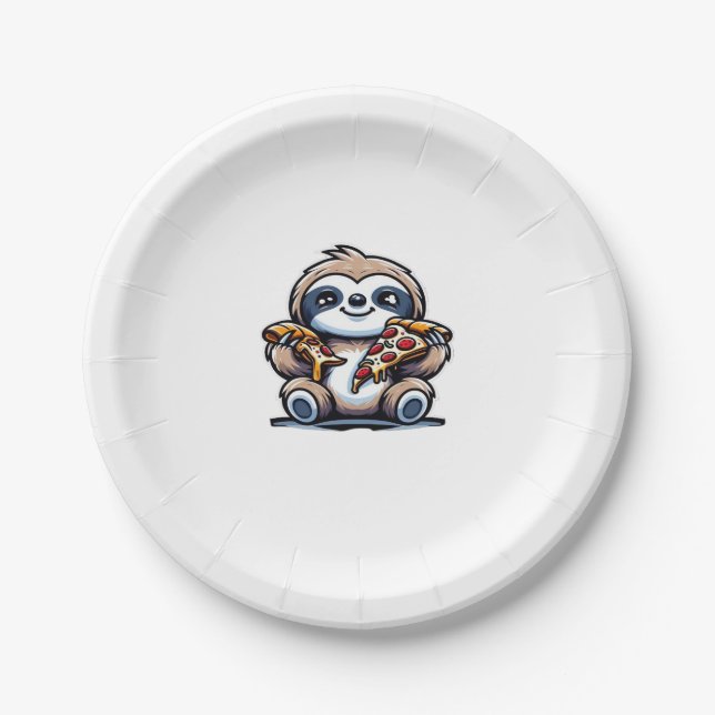 Funny Sloth eating Pizza, Kawaii Animal Lover Over Paper Plate (Front)