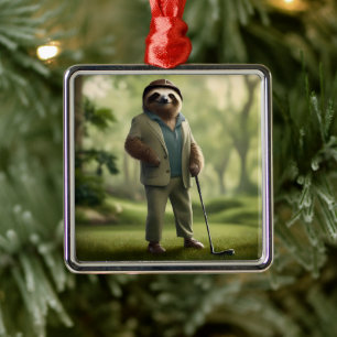 Funny Sloth Golf Player, Metal Ornament
