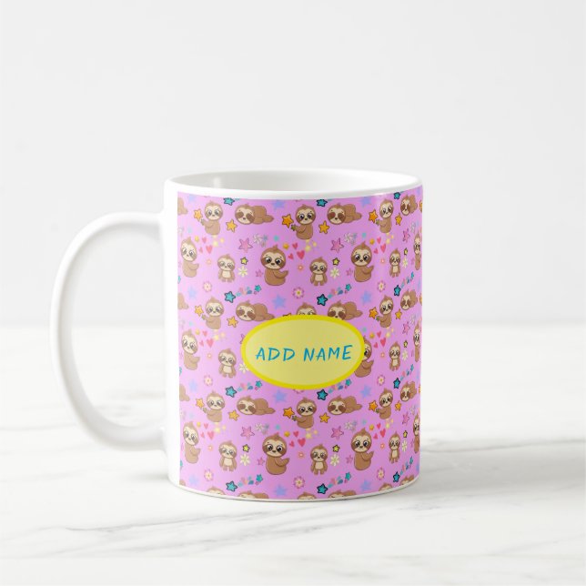 Funny Sloth Hearts Floral Pink Pattern | Add Name Coffee Mug (Left)
