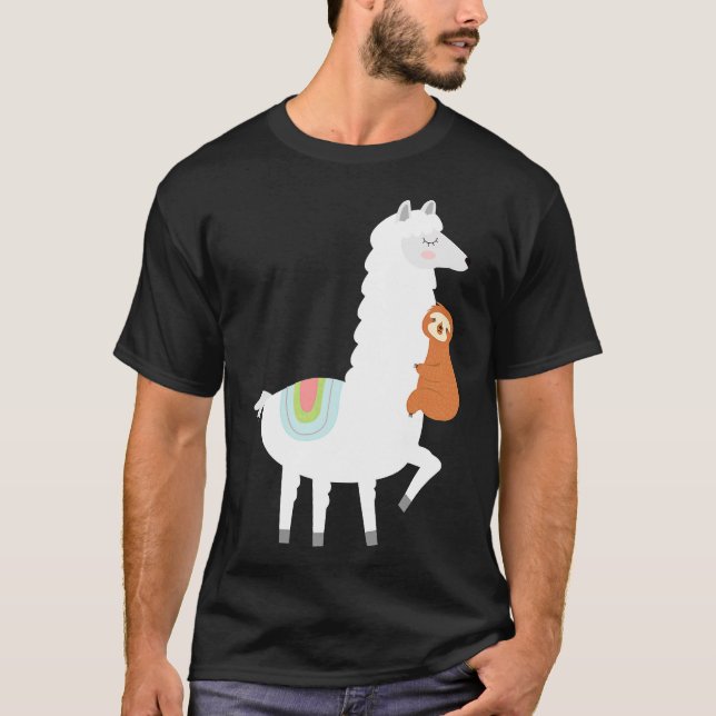 Funny Sloth Hugging Llama Alpaca T-Shirt (Front)