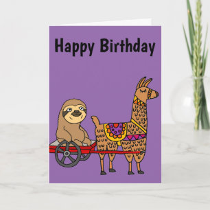 Funny Sloth in Red Wagon Pulled by Llama Card