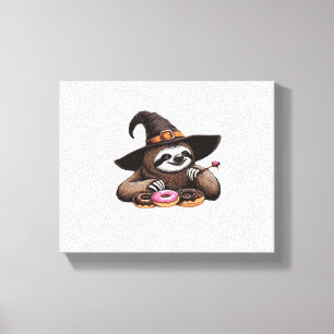Funny Sloth in Witch Hat Enjoying Donuts - Cute Ha Canvas Print