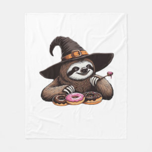 Funny Sloth in Witch Hat Enjoying Donuts - Cute Ha Fleece Blanket