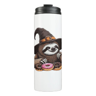 Funny Sloth in Witch Hat Enjoying Donuts - Cute Ha Thermal Tumbler