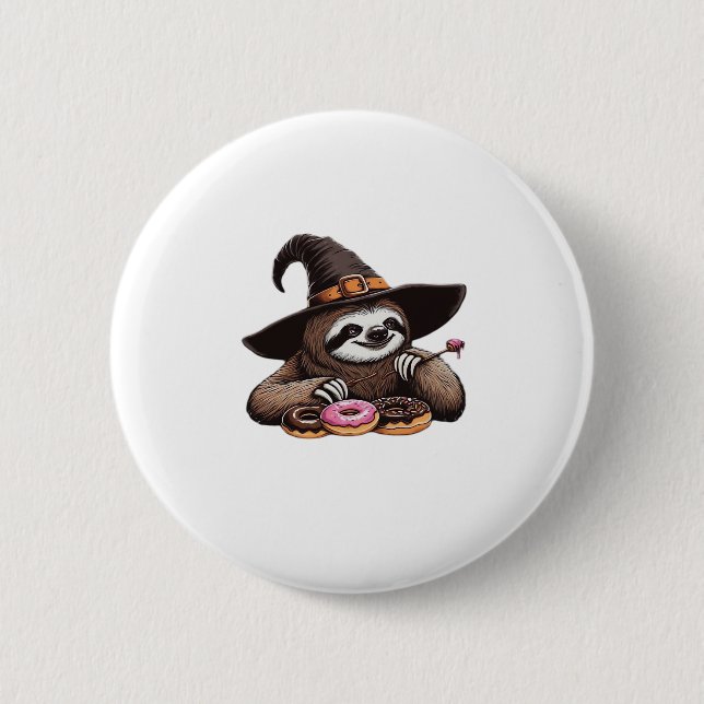 Funny Sloth in Witch Hat Enjoying Doughnuts - Cute 2 Inch Round Button (Front)
