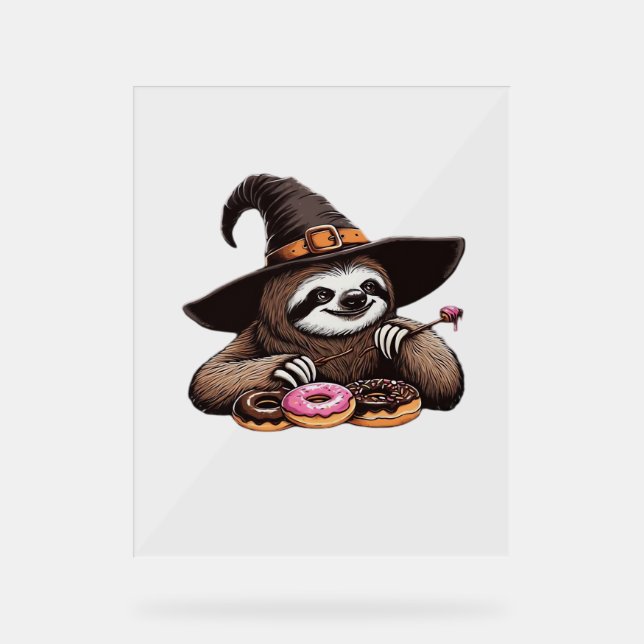 Funny Sloth in Witch Hat Enjoying Doughnuts - Cute Acrylic Sign (Front)
