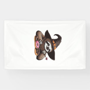 Funny Sloth in Witch Hat Enjoying Doughnuts - Cute Banner