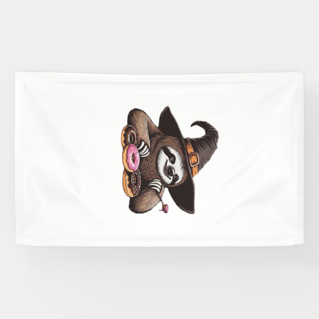 Funny Sloth in Witch Hat Enjoying Doughnuts - Cute Banner (Horizontal)