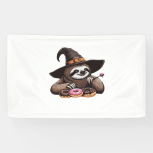 Funny Sloth in Witch Hat Enjoying Doughnuts - Cute Banner