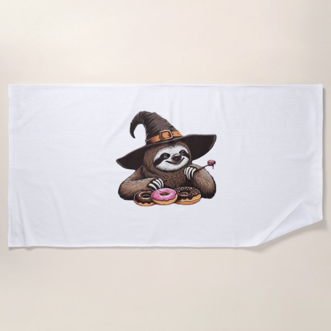 Funny Sloth in Witch Hat Enjoying Doughnuts - Cute Beach Towel (Front)
