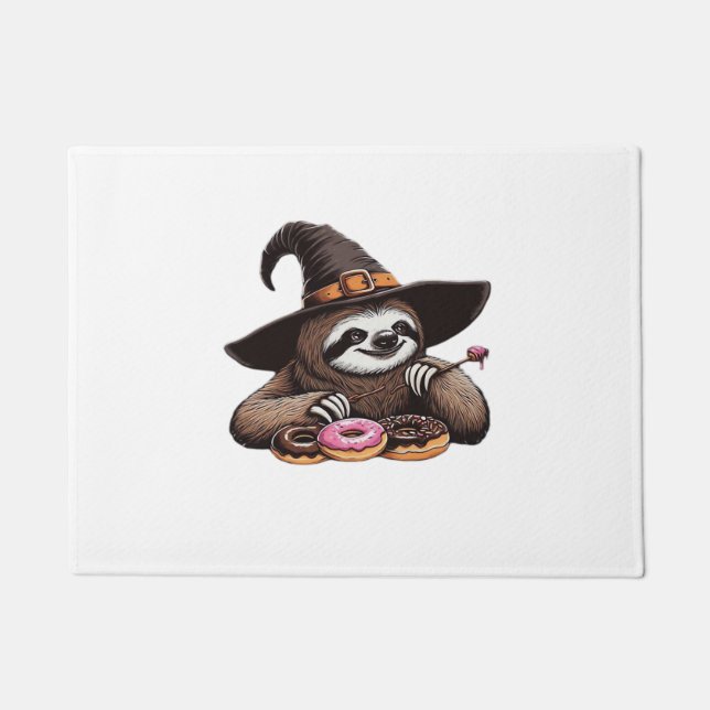 Funny Sloth in Witch Hat Enjoying Doughnuts - Cute Doormat (Front)