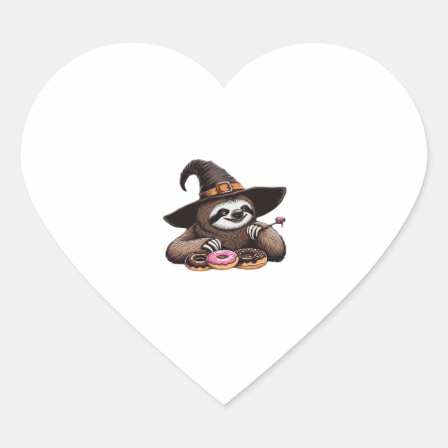 Funny Sloth in Witch Hat Enjoying Doughnuts - Cute Heart Sticker (Front)
