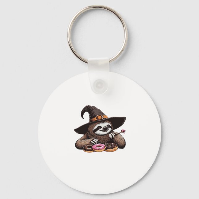 Funny Sloth in Witch Hat Enjoying Doughnuts - Cute Keychain (Front)
