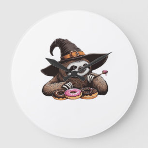 Funny Sloth in Witch Hat Enjoying Doughnuts - Cute Large Clock